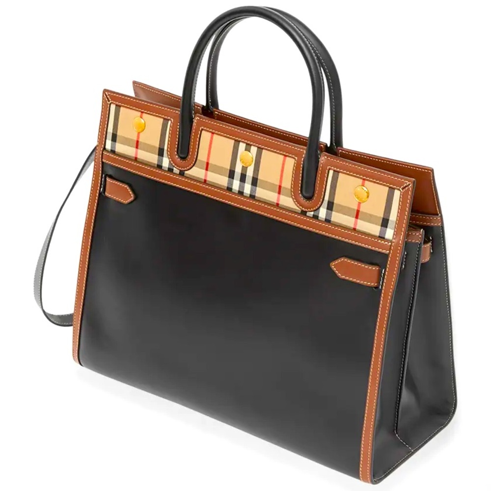 BURBERRY Logo Vintage Check Black Leather Small Title Crossbody Shoulder Handbag